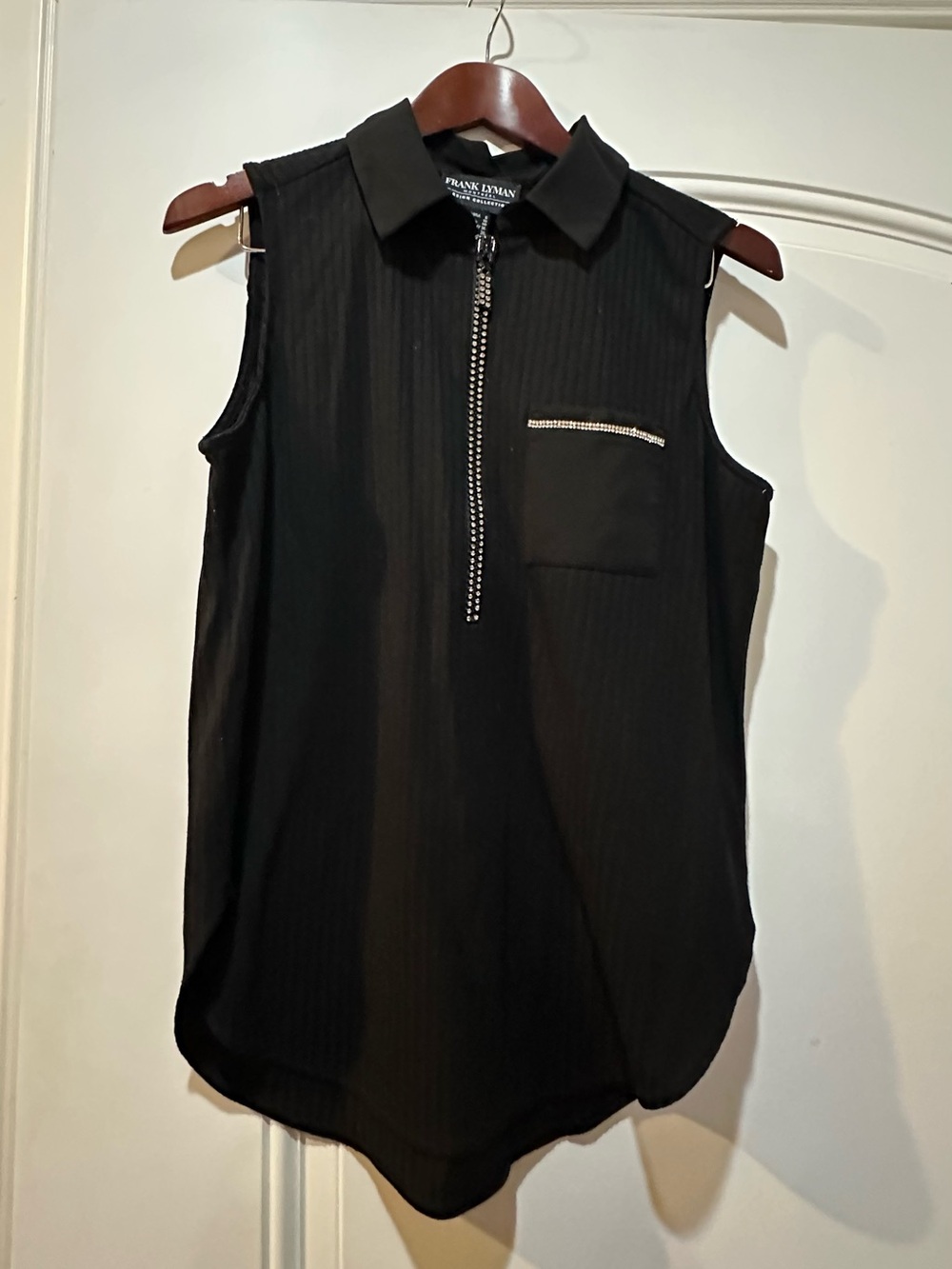 Frank Lyman Design Black Sleeveless Zip-Collar Tank with Rhinestone Pocket